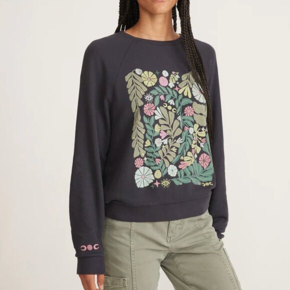 Marine Layer Tops - Marine Layer Vintage Terry Floral Graphic Sweatshirt in Washed Black XS